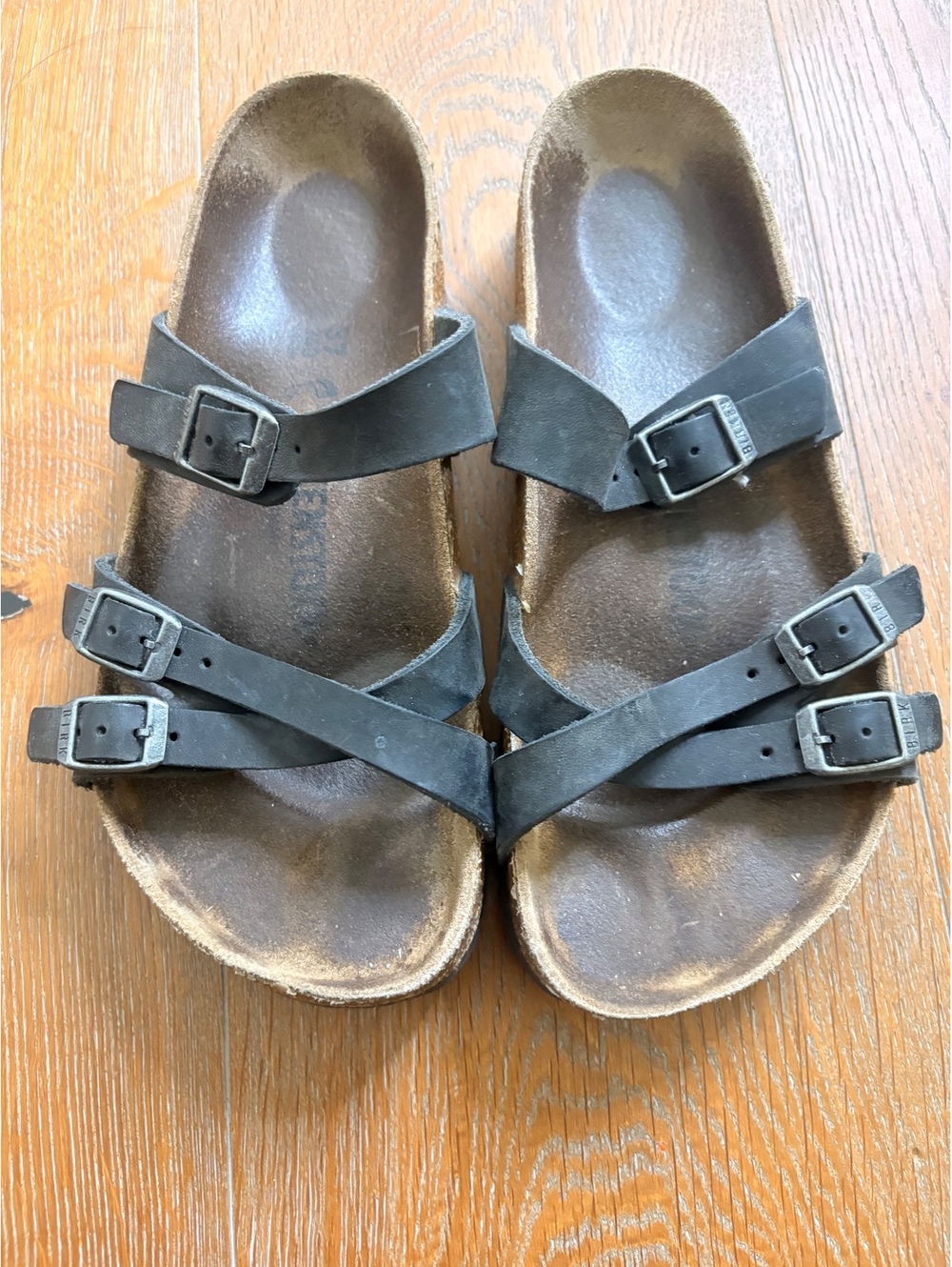 Birkenstock Black Leather Sandals Triple Buckle Casual Comfort Size 37